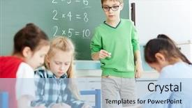  Presentation with naughty girl is standing - Audience pleasing presentation theme consisting of handsome schoolboy standing by blackboard backdrop and a light blue colored foreground