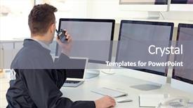  Presentation with security guard - Presentation theme featuring handsome security guard in surveillance background and a gray colored foreground