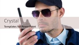  Presentation with security officer - Presentation design enhanced with handsome security officer talking on walkie-talkie against white background background and a soft green colored foreground