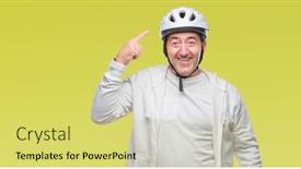  Presentation with cyclist - Beautiful slides featuring handsome senior cyclist man wearing bike helmet over isolated background very happy pointing with hand and finger backdrop and a yellow colored foreground