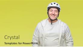  Presentation with cyclist - Presentation theme consisting of handsome senior cyclist man wearing bike helmet over isolated background with a happy face standing and smiling with a confident smile showing teeth background and a yellow colored foreground