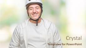  Presentation with cyclist - PPT layouts enhanced with handsome senior cyclist man wearing bike helmet over isolated background with a happy face standing and smiling with a confident smile showing teeth background and a cream colored foreground