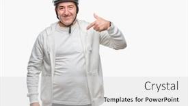  Presentation with cyclist - Presentation design having handsome senior cyclist man wearing bike helmet over isolated background with surprise face pointing finger to himself background and a light gray colored foreground