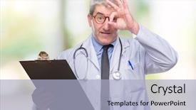  Presentation with black eye doctor - Presentation design consisting of handsome senior doctor man holding background and a  colored foreground