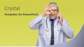  Presentation with eye doctor - Cool new PPT theme with handsome senior doctor man talking on smarpthone over isolated background with happy face smiling doing ok sign with hand on eye looking through fingers backdrop and a yellow colored foreground