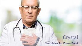  Presentation with medical smiling doctor - Colorful presentation enhanced with handsome senior doctor man wearing medical coat smiling with hands on chest with closed eyes and grateful gesture on face health concept backdrop and a sky blue colored foreground