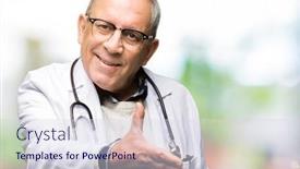  Presentation with medical smiling doctor - Slide set with handsome senior doctor man wearing medical coat smiling friendly offering handshake as greeting and welcoming successful business background and a sky blue colored foreground