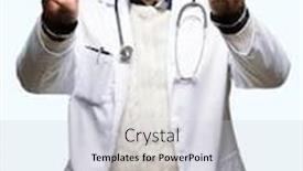  Presentation with medical sign - Audience pleasing PPT layouts consisting of handsome senior doctor man wearing medical coat smiling looking to the camera showing fingers doing victory sign number two backdrop and a light gray colored foreground