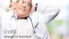  Presentation with medical smiling doctor - Amazing presentation design having handsome senior doctor man wearing medical coat relaxing and stretching with arms and hands behind head and neck smiling happy backdrop and a sky blue colored foreground