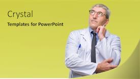  Presentation with scientist - Beautiful PPT theme featuring handsome senior doctor scientist professional man wearing white coat over isolated background with hand on chin thinking about question pensive expression smiling with thoughtful face doubting backdrop and a yellow colored foreground