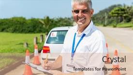  Presentation with driving - Colorful presentation design enhanced with handsome senior driving instructor writing backdrop and a coral colored foreground