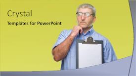  Presentation with inspector - PPT layouts featuring handsome senior inspector man holding clipboard over isolated background serious face thinking about question very confused idea background and a yellow colored foreground