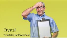  Presentation with inspector - Audience pleasing PPT theme consisting of handsome senior inspector man holding backdrop and a  colored foreground