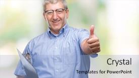  Presentation with inspector - Slide set consisting of handsome senior inspector man holding background and a light blue colored foreground