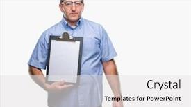  Presentation with inspector - Audience pleasing presentation theme consisting of handsome senior inspector man holding backdrop and a white colored foreground