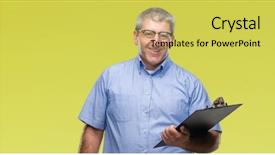  Presentation with inspector - Beautiful PPT layouts featuring handsome senior inspector man holding backdrop and a  colored foreground