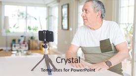  Presentation with video conference - Colorful presentation design enhanced with handsome senior man doing video backdrop and a soft green colored foreground