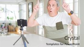  Presentation with video conference - Beautiful slide set featuring handsome senior man doing video backdrop and a light gray colored foreground