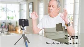  Presentation with video conference - Presentation theme having handsome senior man doing video background and a light gray colored foreground