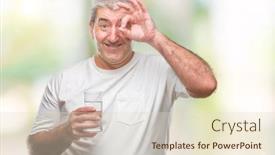  Presentation with eye glass - Slide set featuring handsome senior man drinking glass of water over isolated background with happy face smiling doing ok sign with hand on eye looking through fingers background and a lemonade colored foreground