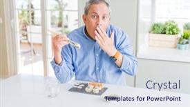  Presentation with chopsticks - PPT theme enhanced with handsome senior man eating take away sushi using chopsticks at home cover mouth with hand shocked with shame for mistake expression of fear scared in silence secret concept background and a sky blue colored foreground