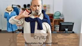  Presentation with boutique - PPT theme having handsome-senior-man-holding-shopping background and a  colored foreground