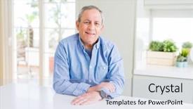  Presentation with gold man smile - Audience pleasing presentation design consisting of handsome senior man smiling confident backdrop and a  colored foreground