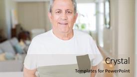  Presentation with gold man smile - Colorful presentation design enhanced with handsome senior man smiling confident backdrop and a  colored foreground