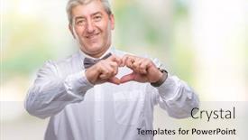  Presentation with heart love - PPT theme consisting of handsome senior man wearing bow tie over isolated background smiling in love showing heart symbol and shape with hands romantic concept background and a lemonade colored foreground