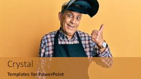  Presentation with face mask - Colorful PPT theme enhanced with handsome-senior-man-with-grey backdrop and a gold colored foreground