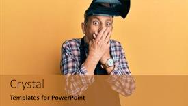  Presentation with hair - Audience pleasing PPT layouts consisting of handsome-senior-man-with-grey backdrop and a gold colored foreground