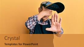  Presentation with hair - Slide deck having handsome-senior-man-with-grey background and a gold colored foreground