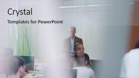  Presentation with professor - Audience pleasing presentation consisting of handsome senior teacher and students group in computer lab classroom experienced professor using tablet computer while presenting lessons to class backdrop and a light gray colored foreground