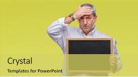  Presentation with teacher stress - Slide deck consisting of handsome senior teacher man holding background and a yellow colored foreground