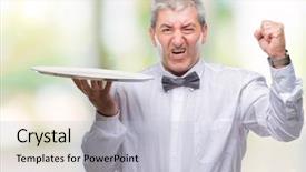  Presentation with banquet server hand tray - Slides featuring handsome senior waiter man holding background and a lemonade colored foreground