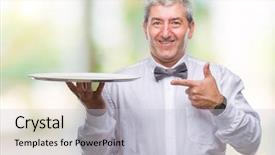 Presentation with waiter - Theme consisting of handsome senior waiter man holding background and a  colored foreground