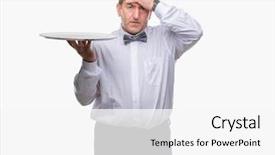  Presentation with banquet server hand tray - Audience pleasing slides consisting of handsome senior waiter man holding backdrop and a white colored foreground