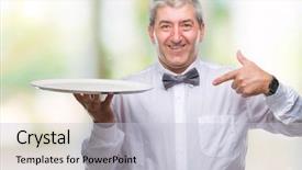  Presentation with waiter - PPT theme consisting of handsome senior waiter man holding background and a  colored foreground