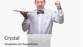  Presentation with banquet server hand tray - Beautiful PPT layouts featuring handsome senior waiter man holding backdrop and a white colored foreground