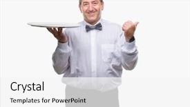  Presentation with happy sad face man - Slides having handsome senior waiter man holding background and a white colored foreground