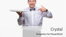  Presentation with catering waiter food event service - Colorful PPT theme enhanced with handsome senior waiter man holding backdrop and a  colored foreground