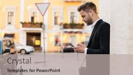  Presentation with wireless - Slide deck consisting of handsome-serious-businessman-using-wireless background and a light gray colored foreground