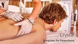  Presentation with beautician - Presentation theme consisting of handsome serious man receiving electric massage at beauty salon beautician wearing electricity gloves background and a coral colored foreground