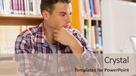  Presentation with someone researching from a computer - PPT theme consisting of handsome serious student using computer background and a  colored foreground