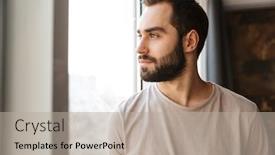  Presentation with home window frame - Beautiful PPT theme featuring handsome-serious-young-bearded-man backdrop and a mint green colored foreground