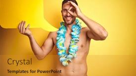  Presentation with hawaiian - Beautiful slide deck featuring handsome shirtless man wearing hawaiian lei holding speech bubble over yellow background with happy face smiling doing ok sign with hand on eye looking through fingers backdrop and a gold colored foreground