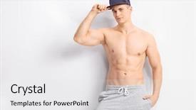  Presentation with dark blue gray - Slide deck having handsome shirtless man with a dark blue cap looking at the camera and leaning against a gray wall background and a white colored foreground