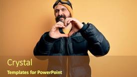  Presentation with love heart - Beautiful PPT theme featuring handsome-skier-bald-man backdrop and a tawny brown colored foreground