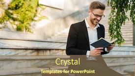  Presentation with book stairs - Cool new slides with handsome-smiling-businessman-in-earphones backdrop and a coral colored foreground