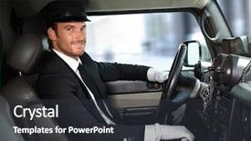  Presentation with driving - Theme having handsome smiling chauffeur driving limousine background and a dark gray colored foreground